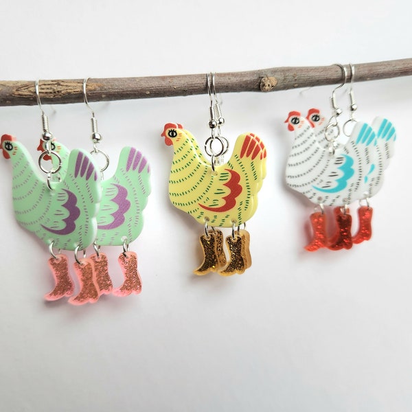 Chicken in Cowboy Boots Earrings, Unique Earrings, Animal Earrings, Funky Earrings, Funky Gifts, Dangle Earrings, One-of-a Kind Gift