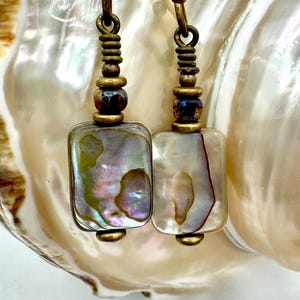 Boho Abalone Shell Dangle Earrings: Purple Quartz Accents