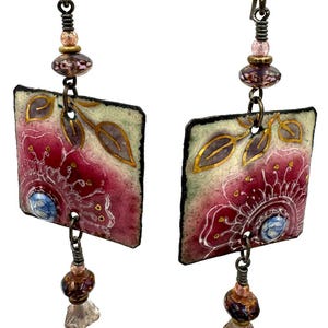 Square enameled copper long dangle earrings with red floral design and purple Czech glass accent beads, long square red flower earrings