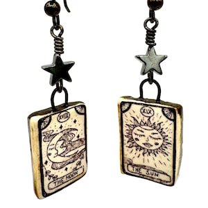 Ceramic sun and moon tarot charm earrings, long sun and moon rectangular clay charm dangles, purple and white sun moon dangles and star bead