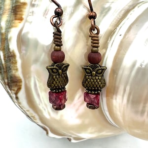 Antique bronze owl beaded dangle earrings with red turquoise and wood accents, boho, hippie, rustic jewelry, bohemian earrings, boho style