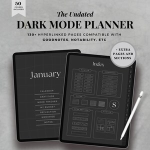 Goodnotes Undated Digital Planner, Dark Mode iPad Planner, Minimalist Journal Template, Notability, Minimalist Hyperlinked Daily Planner