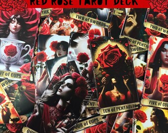 May include: A collection of tarot cards from the Red Rose Tarot Deck. The cards feature illustrations of women with red roses and other floral elements. The cards are arranged in a random order, with some cards partially visible.