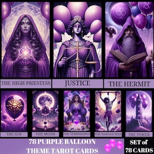 Baralho de 78 cartas de tarô, tema balão roxo 78 cartas de tarô, baralho de oráculo para impressão, baralho de tarô digital, iniciante no baralho de tarô, tarô png