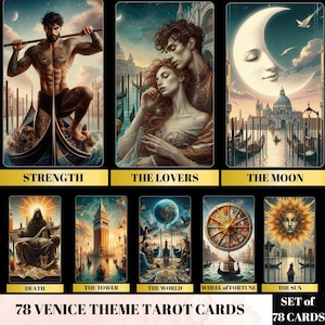 Mazzo di 78 tarocchi, tema Venezia 78 carte dei tarocchi, mazzo oracolo stampabile, mazzo di tarocchi digitali, principiante del mazzo di tarocchi, mazzo di Venezia png