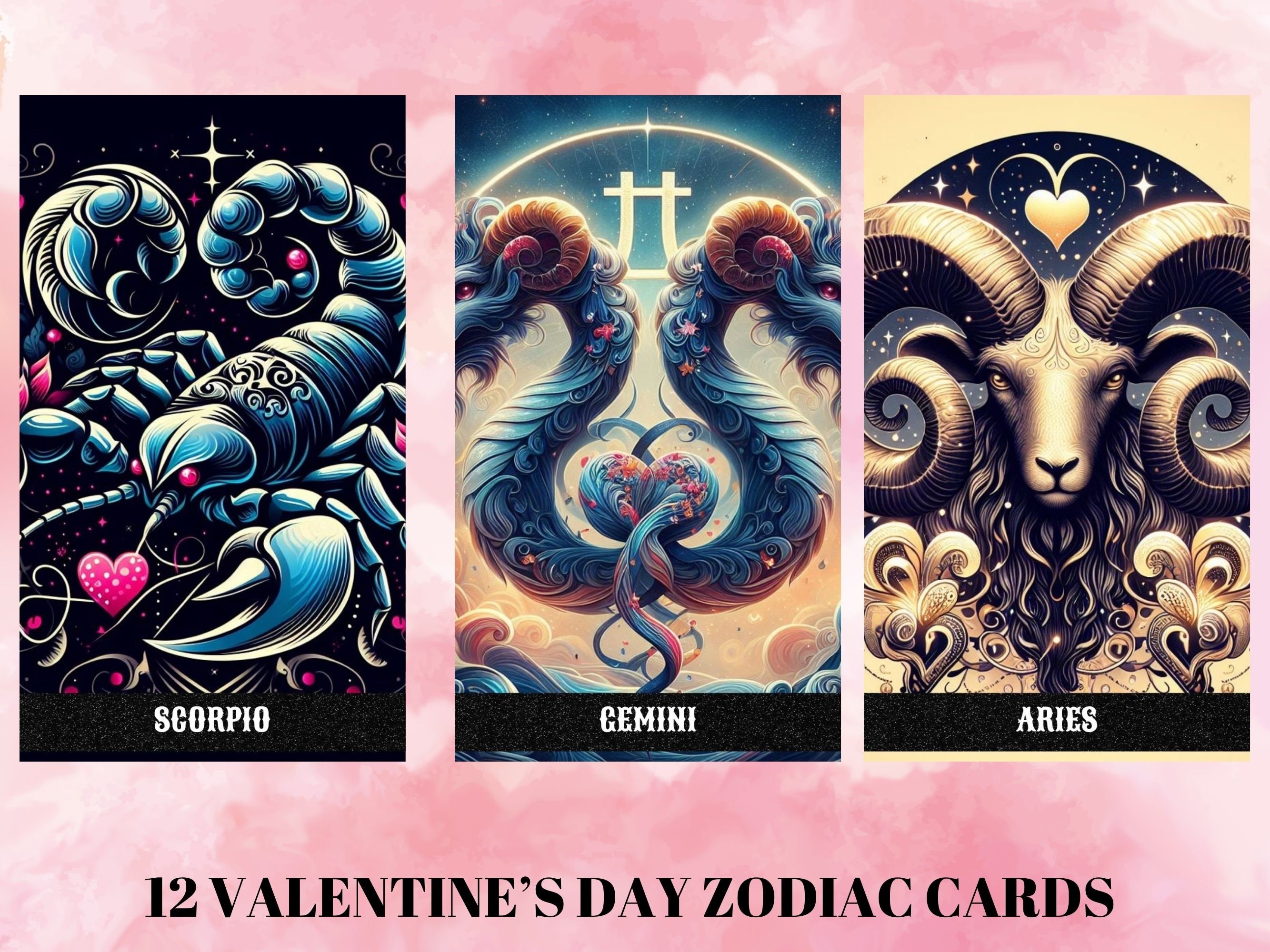 Valentine's Day Zodiac Tarot Cards Clipart, 12 Zodiac Cards, Zodiac