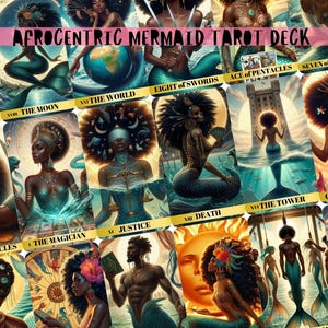 Jeu de tarot afrocentrique sirène, 78 cartes de tarot et pochette, jeu de tarot afro-américain, tarot de l'océan, cartes de tarot de sirène, tarot IA