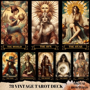 78 tarotkaarten dek, vintage tarotkaarten, afdrukbaar tarotdeck, tarotdeck beginner, digitaal tarotdeck, hemelse tarotdeck, retro tarot