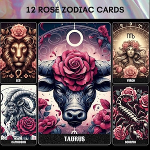 Rose Zodiac Tarot Cards Clipart, 12 Zodiac Cards, Zodiac Design Clipart, Zodiac Digital File, Tarot Card, Printable Zodiac Tarot Cards