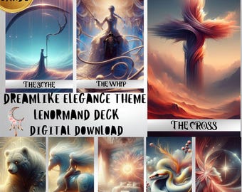 Op de afbeelding: Een digitale download van een Lenormand-deck met een dromerig elegant thema. De afbeelding toont verschillende kaarten met illustraties, waaronder "De Zeis", "De Zweep", "Het Kruis", "De Beer", "De Ruiter", "De Zon", "De Slang" en "De Ster". Het deck bevat 36 kaarten.
