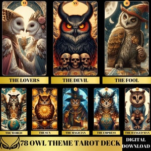 78 Talii Kart Tarota, Motyw Sowy 78 Kart Tarota, wydrukowalna talia Tarota, początkujący talia Tarota, Unikalna talia Tarota, Wydruki Tarota, Tarot PNG