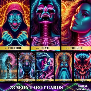 Baraja de cartas de tarot de 78, cartas de tarot de neón, cartas de tarot imprimibles digitales, principiante de baraja de tarot, tarot moderno, tarot colorido, tarot eléctrico