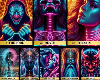 Könnte beinhalten: Ein Set von 78 Neon-Tarotkarten. Jede Karte zeigt lebendige Illustrationen mit Neon-Umrissen. Die Karten zeigen Bilder von The Fool, Death, The Sun, The Tower, The High Priestess, The Lovers, The Hierophant und The Devil. Digitaler Download.