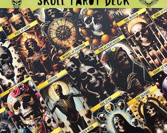 May include: A Skull Tarot Deck with colorful, detailed illustrations of skulls and skeletons on each card. The cards feature a variety of symbols and imagery, including cups, pentacles, swords, and wands. The deck is designed for use in divination and spiritual exploration.