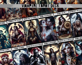 Op de afbeelding: Een tarotdeck met een vampierthema. De kaarten bevatten donkere, gotische illustraties met een verscheidenheid aan personages, waaronder vampiers, heksen en andere bovennatuurlijke wezens. De kaarten zijn gerangschikt in een rasterpatroon, met de namen van elke kaart zichtbaar onderaan.