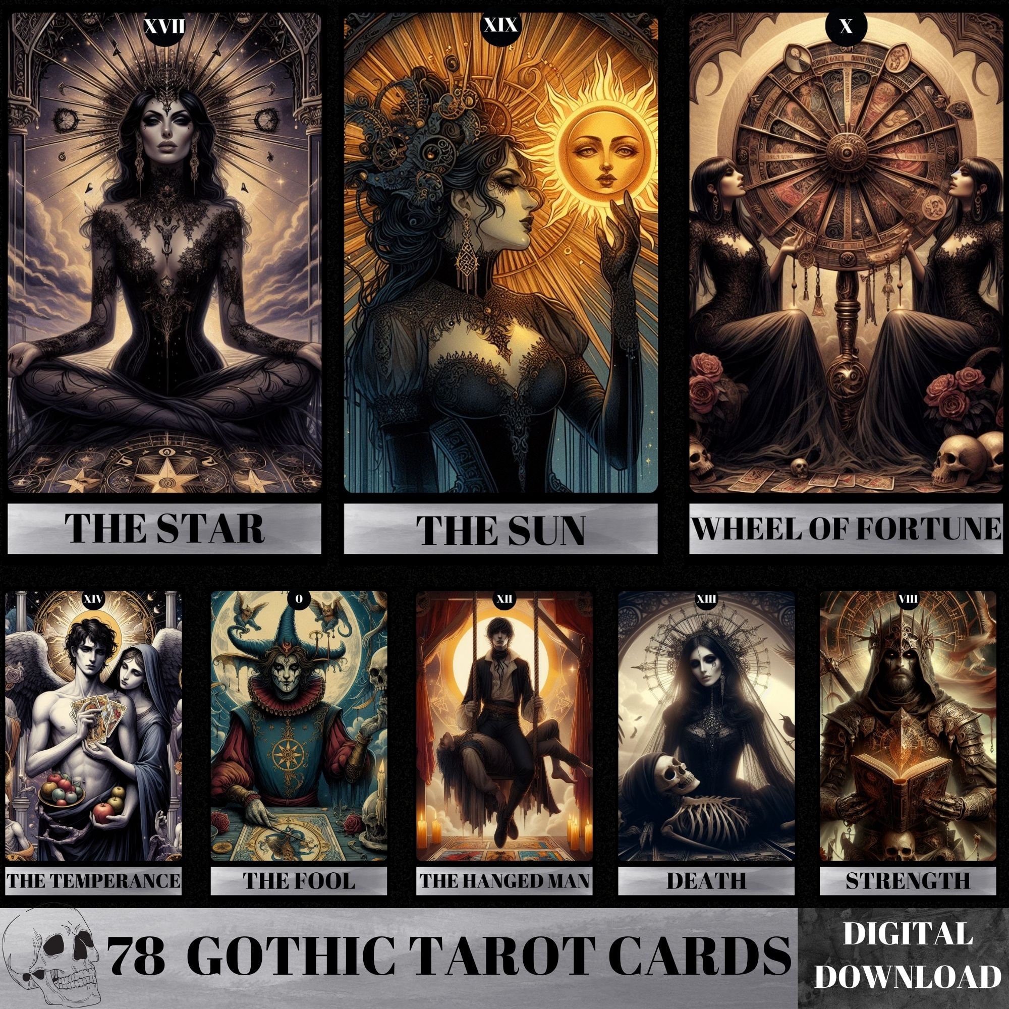 78 Tarot Cards Deck Gothic Tarot Cards Printable Oracle Deck Digital Tarot Deck Tarot Deck Beginner Gothic Art Cards Shadowy Tarot Etsy