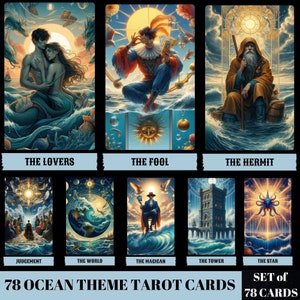 Baralho de 78 cartas de tarô, tema oceano 78 cartas de tarô, baralho de oráculo para impressão, baralho de tarô digital, iniciante em baralho de tarô, baralho de oceano png