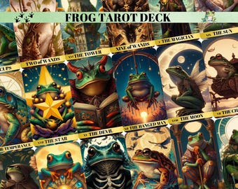 May include: A tarot deck featuring frogs in various poses and settings. Each card has a unique illustration with a frog and a corresponding tarot card name, such as "The Magician", "The Tower", and "The Star".