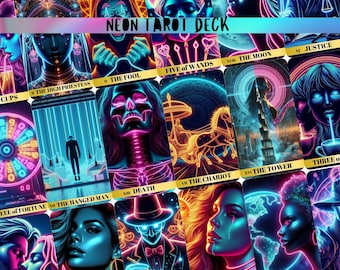 Puede incluir: Una baraja de tarot neón con ilustraciones vibrantes. Las cartas muestran figuras y símbolos en tonos de azul, rosa y amarillo neón, con el texto "NEON TAROT DECK" en la parte superior. Estética futurista.