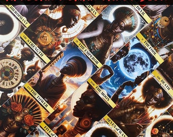 May include: A tarot deck featuring African women in various poses and settings. The cards are arranged in a collage, with the title "African Woman Tarot Deck" at the top. The cards show images of the Major Arcana, including The Fool, The Emperor, The Moon, and The Tower.
