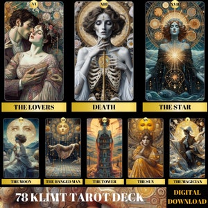 78 tarotkaarten dek, Klimt-thema tarotkaarten, afdrukbaar oriantal tarotkaarten, tarotkaarten voor beginners, uniek tarotkaarten, schilder tarotkaarten