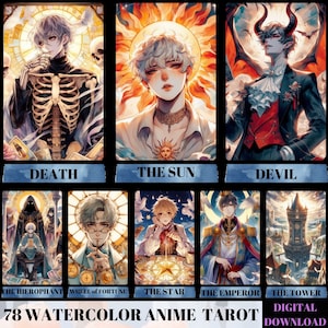 78 Tarot Cards Deck, Watercolor Anime Tarot Cards, Printable Tarot, Tarot Deck Beginner, Manga Deck, Kawaii Tarot PNG, Anime Tarot Cards