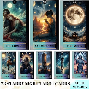 Baralho de 78 cartas de tarô, cartas de tarô noite estrelada, baralho de oráculo para impressão, baralho de tarô digital, iniciante em baralho de tarô, baralho de noite estrelada png
