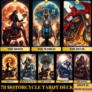 Baraja de cartas de tarot de 78, cartas de tarot de motocicletas imprimibles de 78 - Baraja de tarot de motociclistas para descarga digital, Baraja de tarot para principiantes, Baraja de tarot de motocicletas