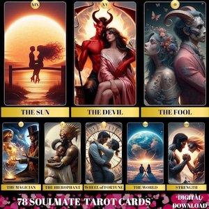 Baraja de cartas de Tarot de 78, Cartas de Tarot de alma gemela, Baraja de Oráculo imprimible, Baraja de Tarot Digital, Tarot de Amor, Tarot Romántico, Cartas de Tarot de Relación