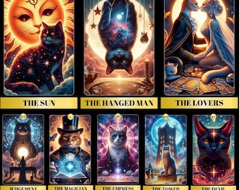 Baraja de Tarot del Gato Cósmico: 78 cartas felinas imprimibles (descarga digital PNG)