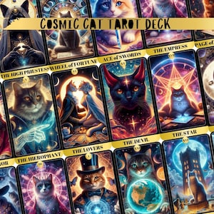 Cosmic Cat Tarot Deck, 78 Tarot Cards Deck, Unique Tarot Deck and Pouch, Meow Oracle, Feline Deck, Kitty Tarot Deck, Mystical Tarot Deck