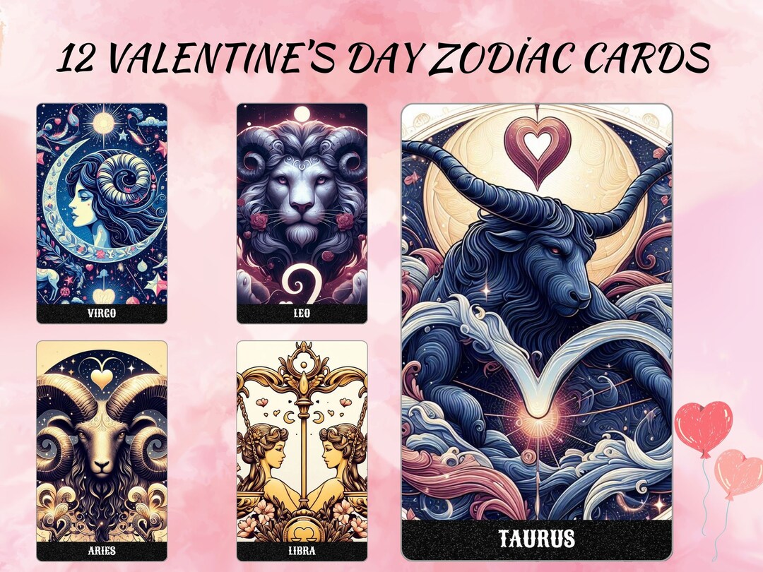 Valentine's Day Zodiac Tarot Cards Clipart, 12 Zodiac Cards, Zodiac