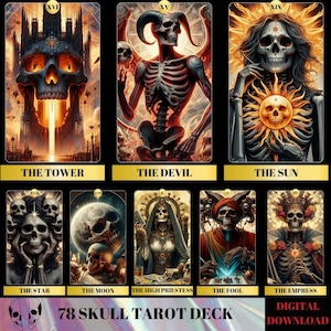 78 Tarotkarten Deck, Schädel-Tarotkarten, druckbares Tarotkartenspiel, Tarotkartenanfänger, Gothic Tarotkartenspiel, Skelett-Tarotkarten, Tarotkarten PNG
