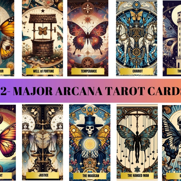 Printable Butterfly Theme 22 Major Arcana Tarot Cards,Instant Spiritual Insights, Downloandable Tarot Deck,Digital Oracle Cards Deck jpg