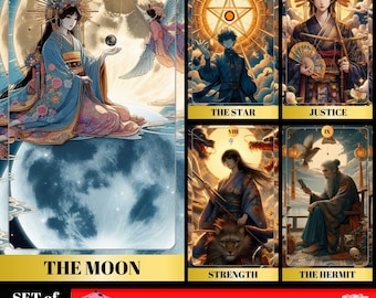 May include: A set of 78 Japanese Tarot cards featuring colorful illustrations of people and animals. The cards are arranged in a grid with the names of each card printed below. The cards are set against a background of a red umbrella and a white crane.
