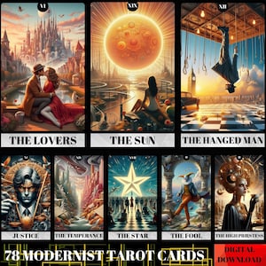 Jeu de 78 cartes de tarot, cartes de tarot moderniste, cartes de tarot imprimables, jeu de tarot pour débutants, jeu de tarot numérique contemporain, cartes de tarot uniques
