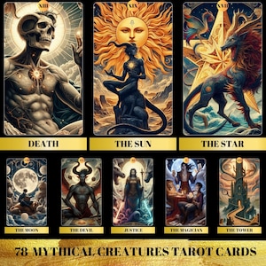 May include: A set of 78 tarot cards featuring mythical creatures. The cards are illustrated with detailed artwork and feature a gold background with the text "78 Mythical Creatures Tarot Cards".