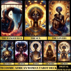 Mazzo di 78 tarocchi, 78 tarocchi stampabili di donna africana cosmica, mazzo di tarocchi a tema donna africana, tarocchi per ragazza afro, mazzo di carte Oracle
