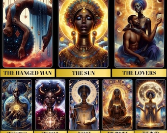 May include: A set of 78 tarot cards featuring illustrations of African women in a cosmic setting. The cards are titled "78 Cosmic African Woman Tarot Deck" and "Digital Download".
