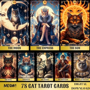 78 Tarot Cards Deck, Printable 78 Cat Tarot Cards, printable tarot deck, tarot deck beginner, Digital Oracle Cards, Printable Oracle Cards