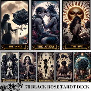 Baraja de 78 cartas del tarot, baraja de tarot de 78 cartas de la Rosa Negra, baraja de tarot imprimible, baraja de tarot para principiantes, baraja de tarot oscura, baraja de tarot única, Tarot de la Rosa