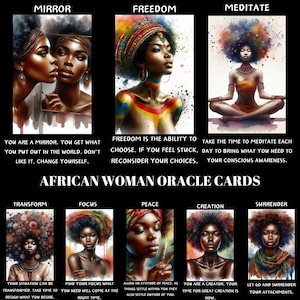 Afrikaanse vrouw orakelkaarten, afdrukbaar orakelspel, digitaal orakel, Afro Girl Art, vrouwelijke orakelkaarten, cultureel orakel, digitale download