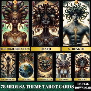 May include: A set of 78 tarot cards featuring a Medusa theme. The cards are illustrated with colorful images of Medusa and other mythological creatures. The cards are arranged in a grid with the names of each card written below them. The text "78 Medusa Theme Tarot Cards" is written in green at the bottom of the image.