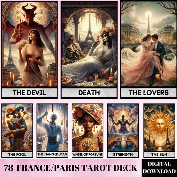 78 Tarot Cards Deck, Paris Tarot Cards, printable oracle deck, digital tarot deck, tarot deck beginner, Digital France Artwork,unique tarot