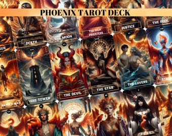 May include: A tarot deck featuring a phoenix theme. The cards display colourful illustrations of different tarot characters and symbols, including the Sun, Death, The Moon, The High Priestess, Justice, The Fool, The Hanged Man, The Tower, The Devil, The Star, The Lovers, and Strength.