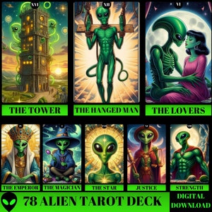 Baralho de tarô com 78 cartas, cartas de tarô alienígenas, baralho de tarô para impressão, baralho de tarô para iniciantes, baralho de tarô extraterrestre místico para download digital