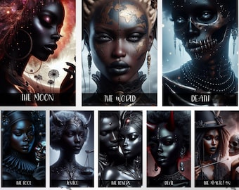May include: A collection of Gothic Afro Woman Tarot Cards. Each card features a dark-skinned woman with striking makeup and elaborate adornments. The cards include "The Moon," "The World," "Death," "The Fool," "Justice," "The Lovers," "Devil," and "The Magician."
