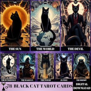 78 Tarot Cards Deck, 78 Black Cat Tarot Cards, afdrukbaar tarot deck, tarot deck beginner, Black Cat Tarot Deck, Shadowy Cat Deck, Feline Deck