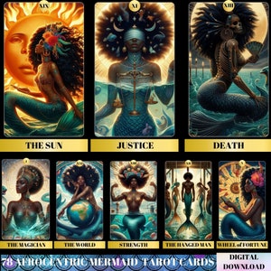 Jeu de 78 cartes de tarot, cartes de tarot de sirène afrocentriques, jeu de tarot imprimable, jeu de tarot pour débutants, tarot de l'océan, cartes de tarot de sirène, Tarot PNG