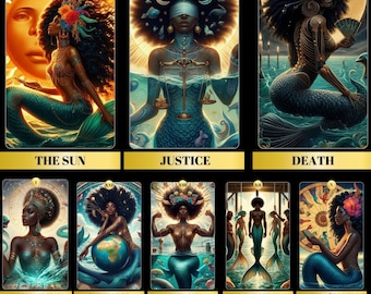 May include: A set of 78 tarot cards featuring illustrations of Black mermaids. The cards are titled "78 Afrocentric Mermaid Tarot Cards" and "Digital Download".